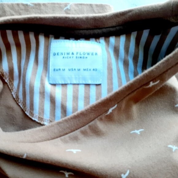 Denim & Flower Ricky Singh Men's Crewneck 100% Cotton Birds Print Brown Tee M - Picture 5 of 9